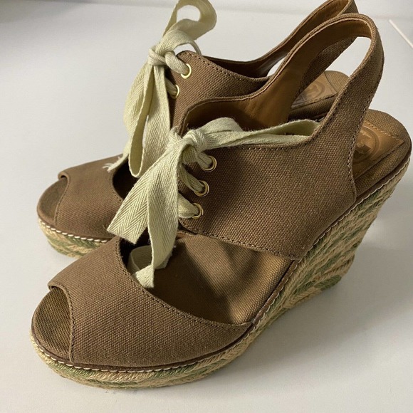 Tory Burch Linley Espadrille Wedge Sandal Platform Lace Up Brown Canvas … - Picture 5 of 8